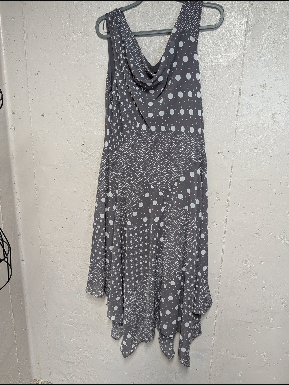NWT Signature by Robbie Bee Gray Polka Dot Patchwork Draped Midi Dress